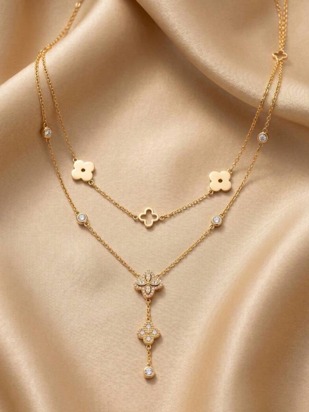 Gold Layered Floral Clover Pendant Necklace